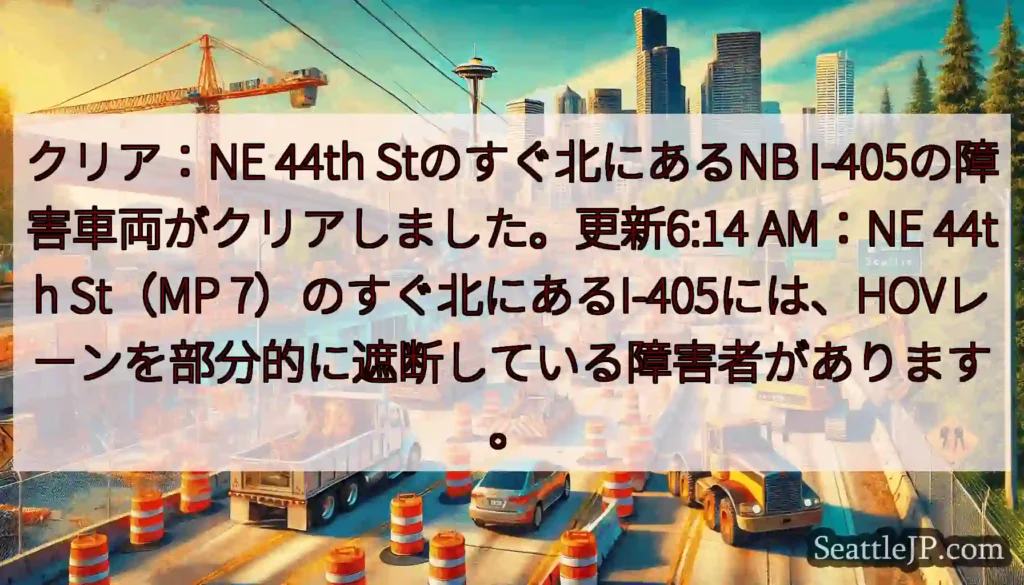 クリア：NE 44th Stのすぐ北にあるNB I-405の障害車両がクリアしました。更新6:14