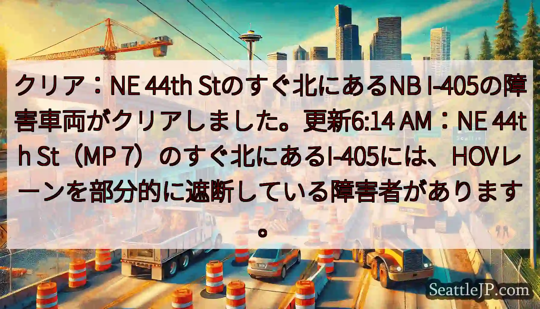 クリア：NE 44th Stのすぐ北にあるNB I-405の障害車両がクリアしました。更新6:14