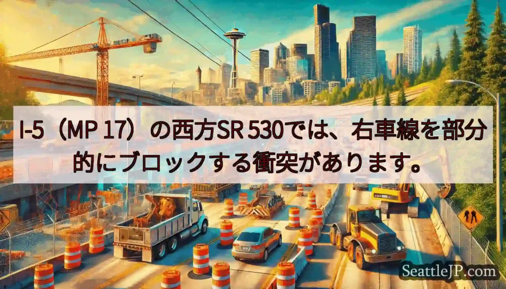 I-5（MP 17）の西方SR 530では、右車線を部分的にブロックする衝突があります。