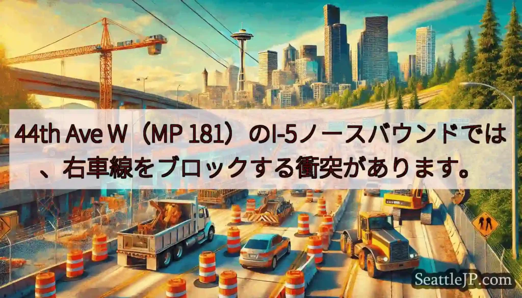44th Ave W（MP 181）のI-5ノースバウンドでは、右車線をブロックする衝突があります。