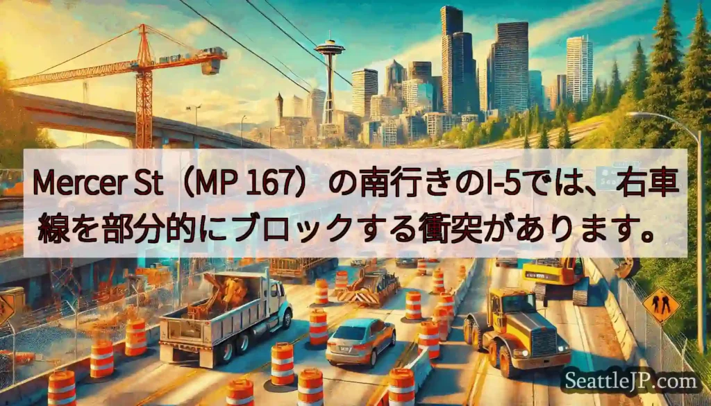 Mercer St（MP 167）の南行きのI-5では、右車線を部分的にブロックする衝突があります。
