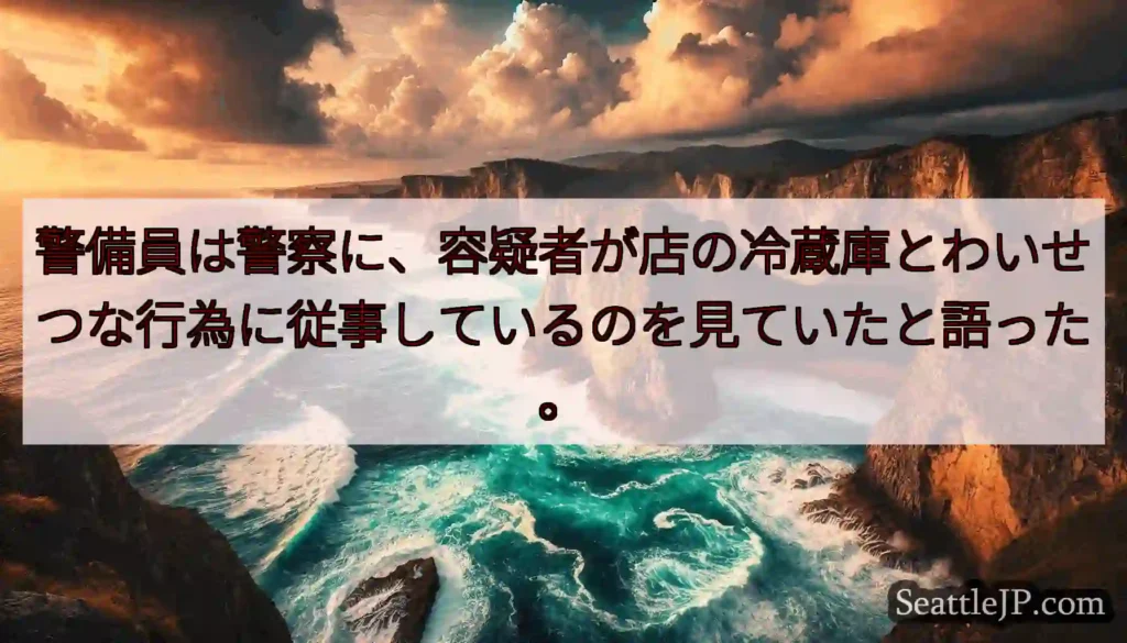 警備員は警察に、容疑者が店の冷蔵庫とわいせつな行為に従事しているのを見ていたと語った。