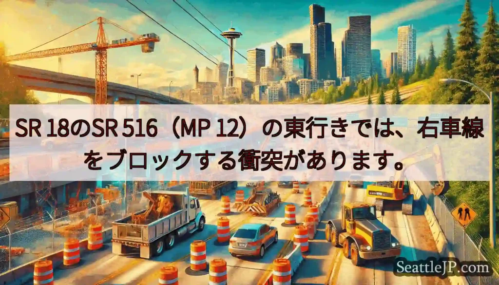 SR 18のSR 516（MP 12）の東行きでは、右車線をブロックする衝突があります。