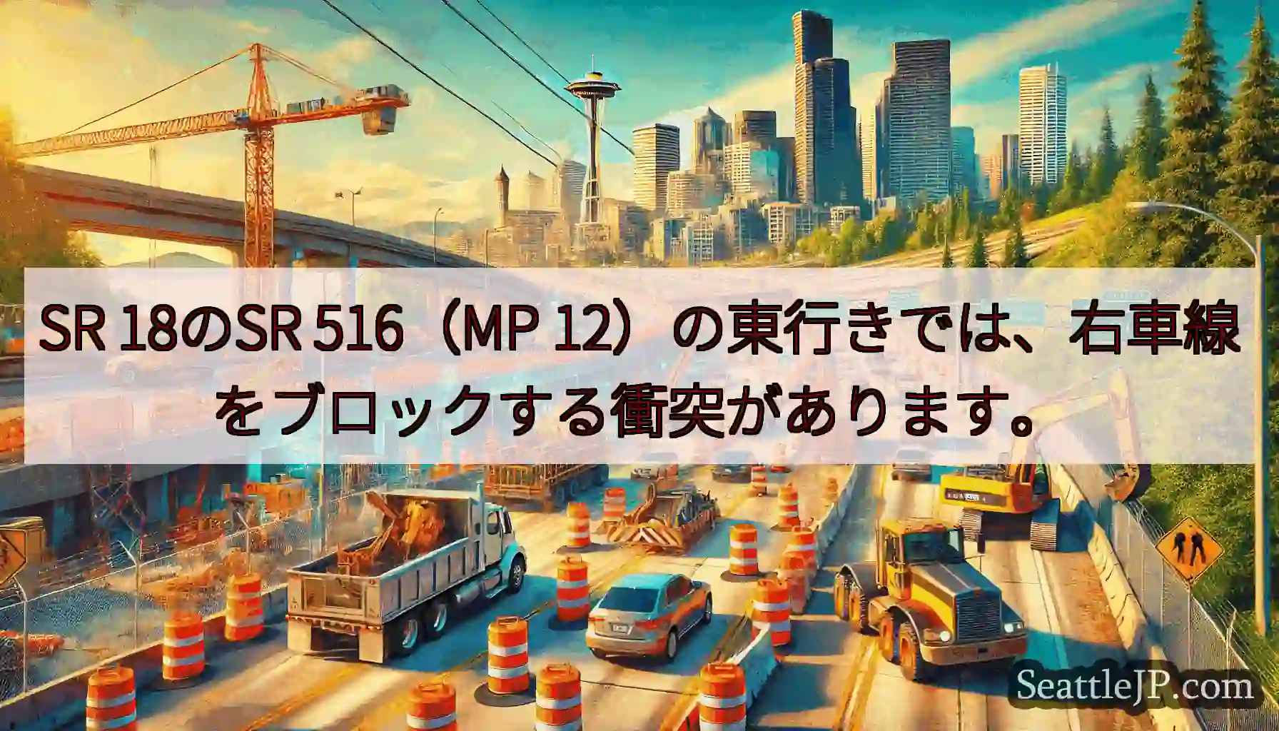 SR 18のSR 516（MP 12）の東行きでは、右車線をブロックする衝突があります。