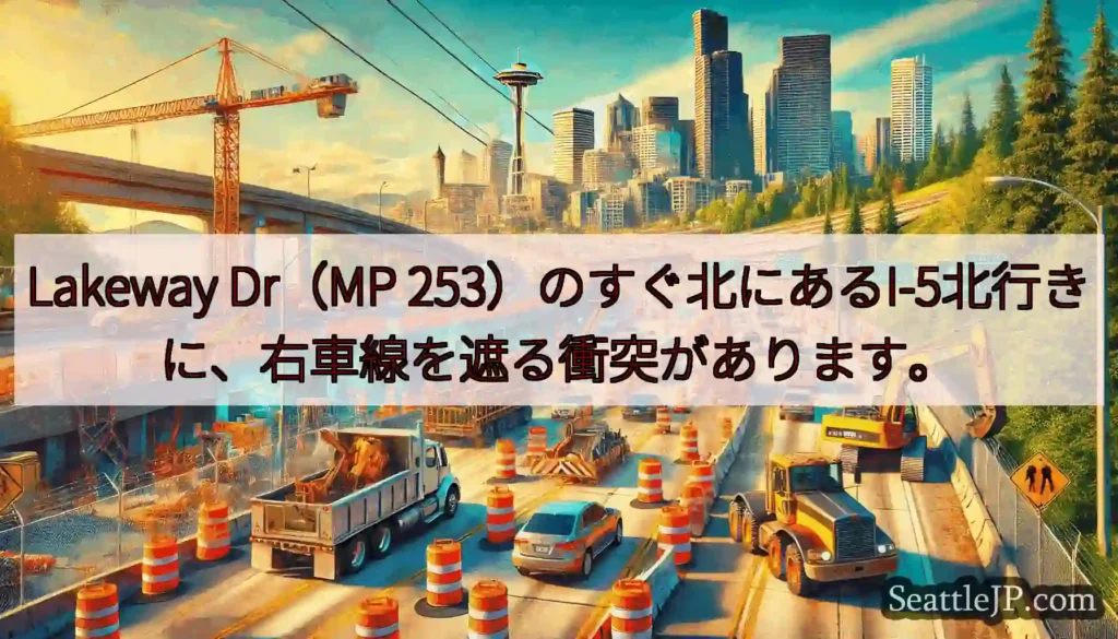 Lakeway Dr（MP 253）のすぐ北にあるI-5北行きに、右車線を遮る衝突があります。