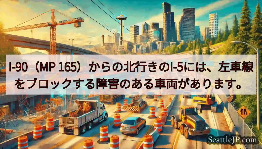 I-90（MP 165）からの北行きのI-5には、左車線をブロックする障害のある車両があります。
