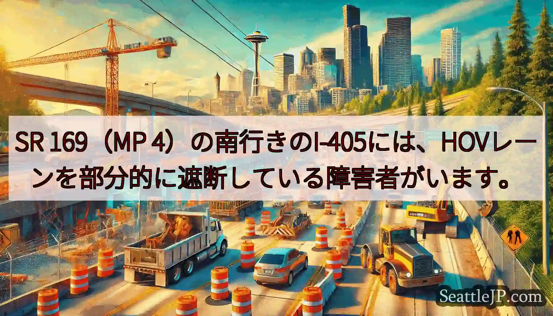 SR 169（MP 4）の南行きのI-405には、HOVレーンを部分的に遮断している障害者がいます。