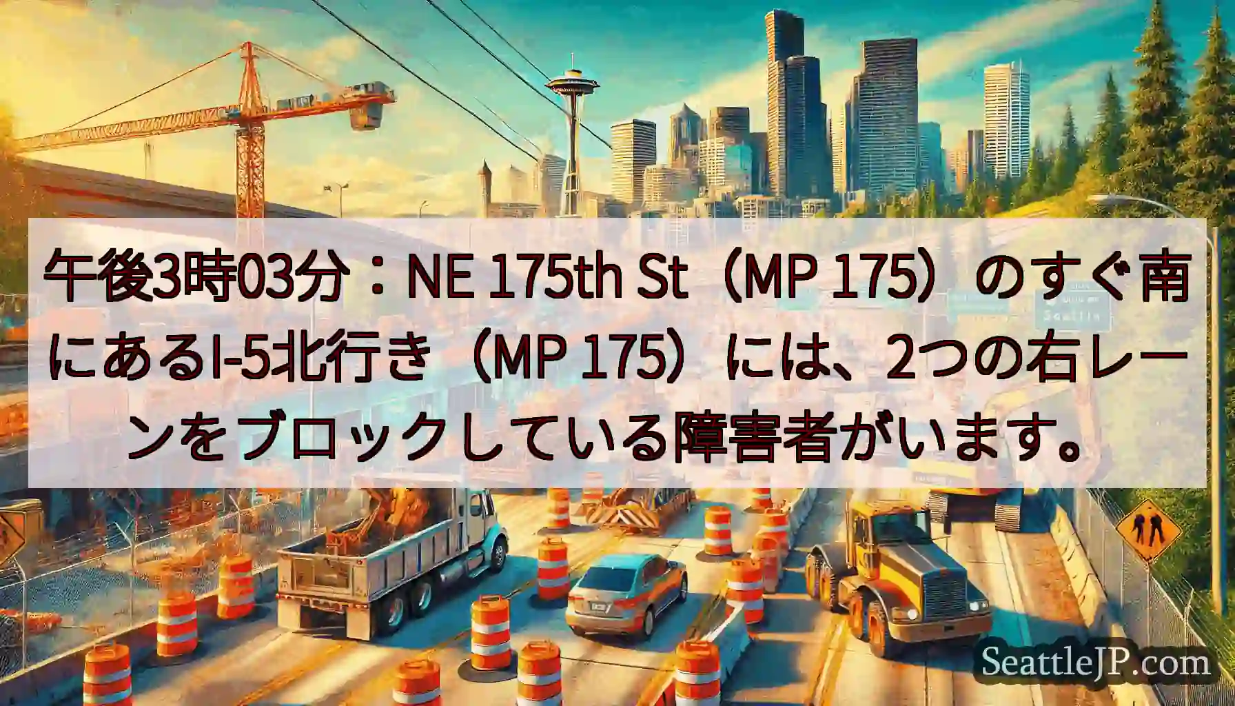 午後3時03分：NE 175th St（MP 175）のすぐ南にあるI-5北行き（MP