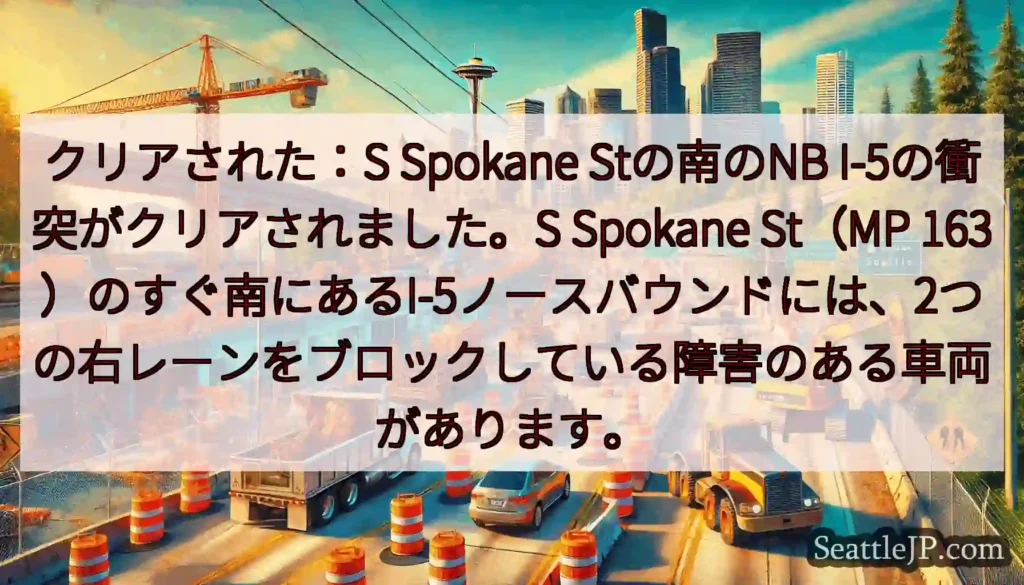 クリアされた：S Spokane Stの南のNB I-5の衝突がクリアされました。S