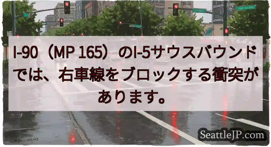I-90（MP 165）のI-5サウスバウンドでは、右車線をブロックする衝突があります。