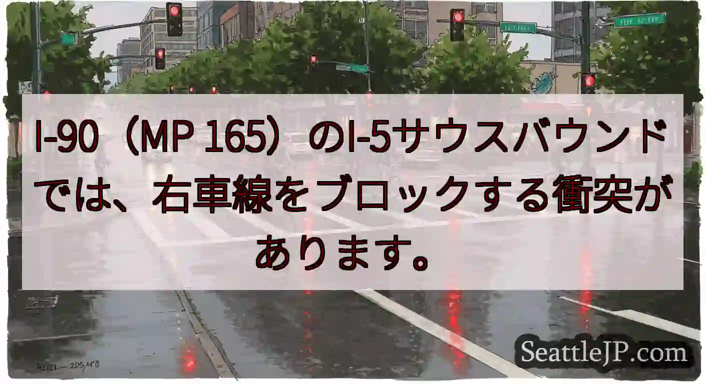 I-90（MP 165）のI-5サウスバウンドでは、右車線をブロックする衝突があります。
