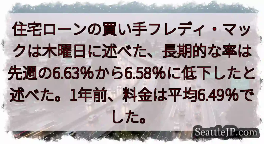 住宅ローンの買い手フレディ・マックは木曜日に述べた、長期的な率は先週の6.63％から6.58％に低下