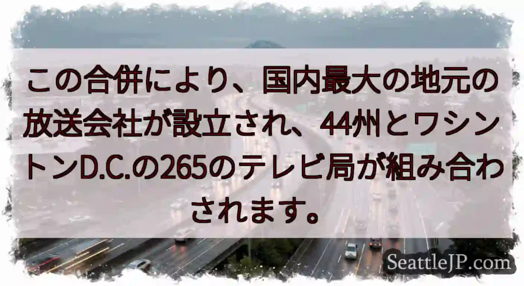 この合併により、国内最大の地元の放送会社が設立され、44州とワシントンD.C.の265のテレビ局が組