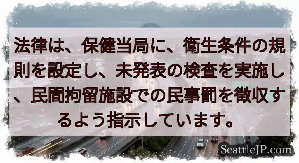 法律は、保健当局に、衛生条件の規則を設定し、未発表の検査を実施し、民間拘留施設での民事罰を徴収するよ