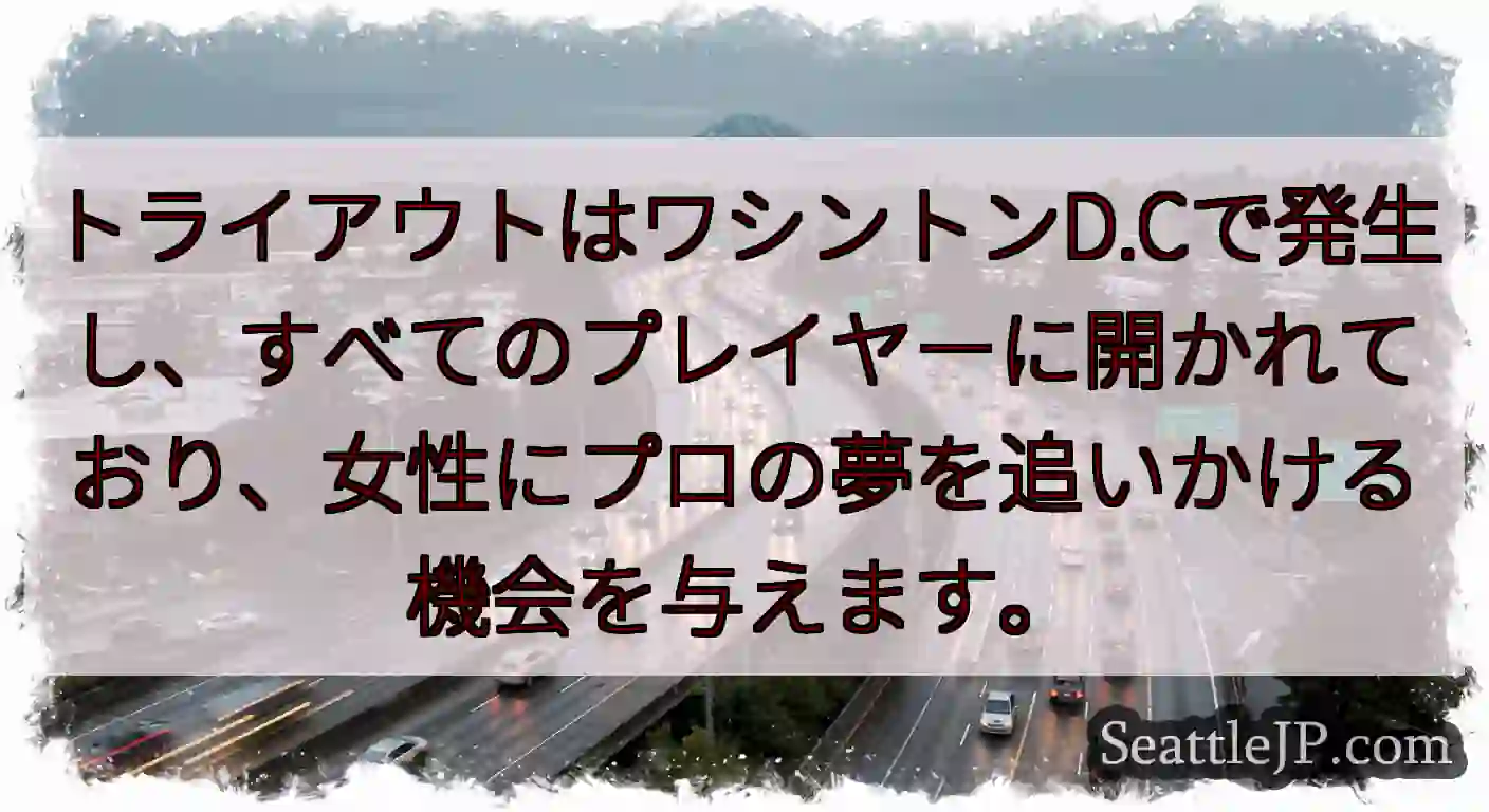 トライアウトはワシントンD.Cで発生し、すべてのプレイヤーに開かれており、女性にプロの夢を追いかける