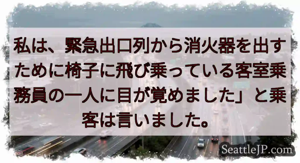 私は、緊急出口列から消火器を出すために椅子に飛び乗っている客室乗務員の一人に目が覚めました」と乗客は
