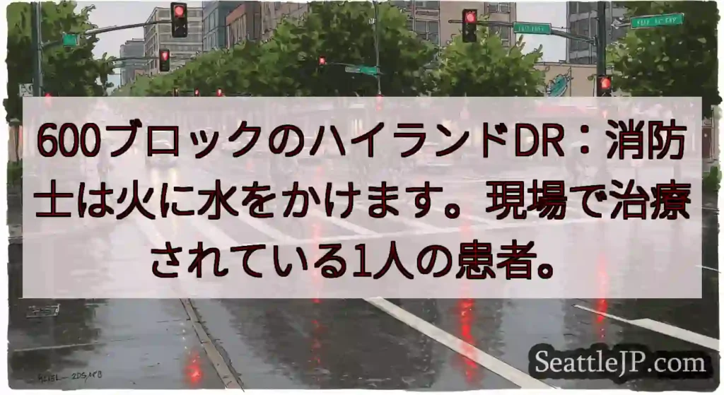 600ブロックのハイランドDR：消防士は火に水をかけます。現場で治療されている1人の患者。