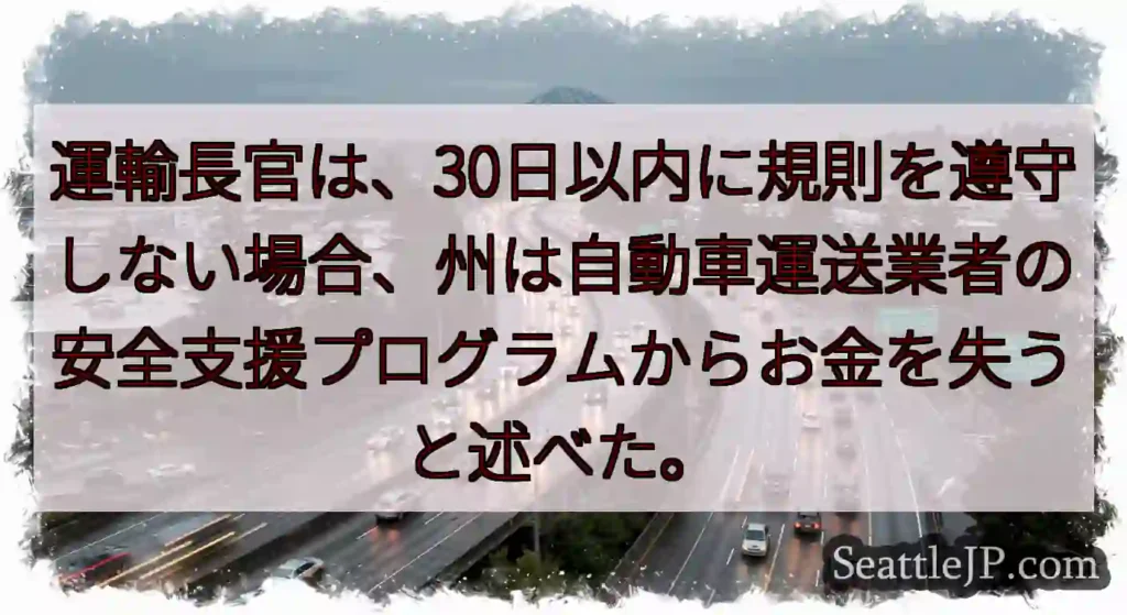 運輸長官は、30日以内に規則を遵守しない場合、州は自動車運送業者の安全支援プログラムからお金を失うと