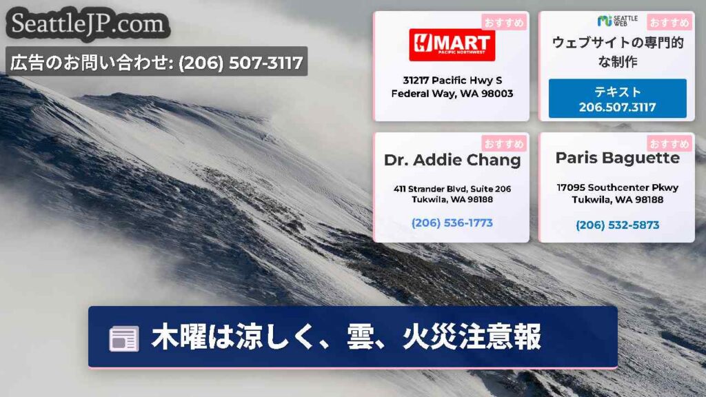 木曜は涼しく、雲、火災注意報