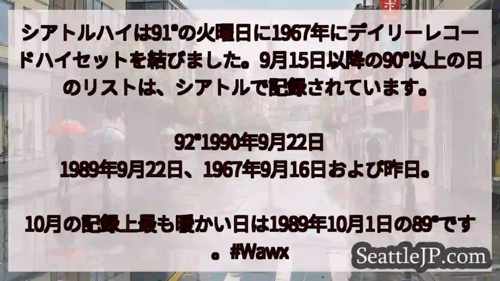 シアトルハイは91°の火曜日に1967年にデイリーレコードハイセットを結びました。9月15日以降の9