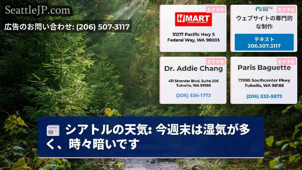 シアトルの天気: 今週末は湿気が多く、時々暗いです