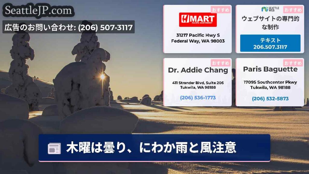 木曜は曇り、にわか雨と風注意