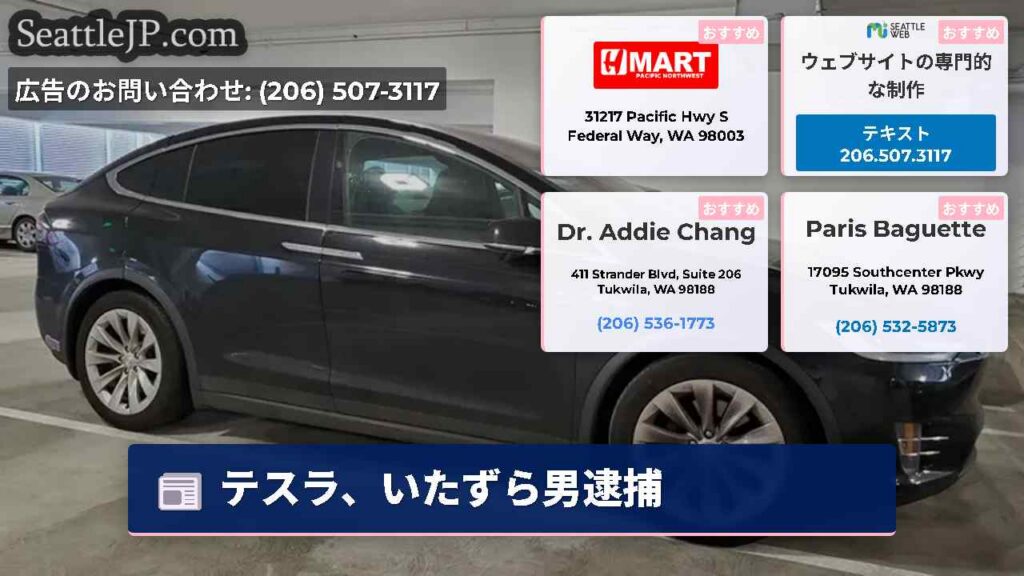 シアトルニュース 1 テスラ、いたずら男逮捕