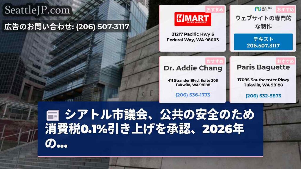 シアトル市議会、公共の安全のため消費税0.1%引き上げを承認、2026年の...