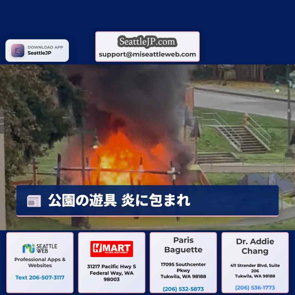 シアトルニュース 2 公園の遊具 炎に包まれ
