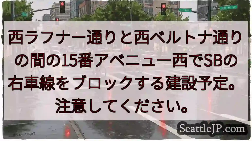 西ラフナー通りと西ベルトナ通りの間の15番アベニュー西でSBの右車線をブロックする建設予定。注意して