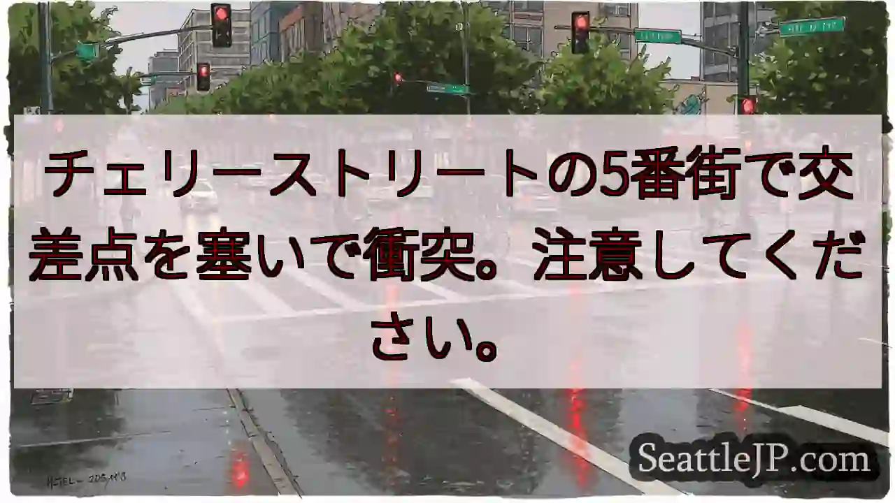 チェリーストリートの5番街で交差点を塞いで衝突。注意してください。