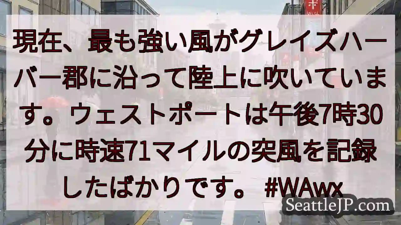現在、最も強い風がグレイズハーバー郡に沿って陸上に吹いています。ウェストポートは午後7時30分に時速