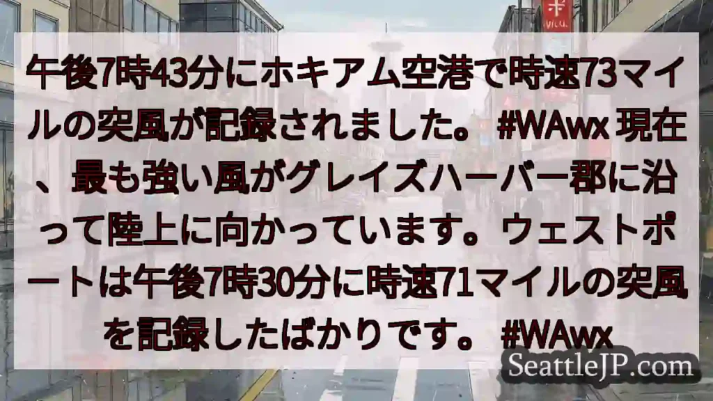 午後7時43分にホキアム空港で時速73マイルの突風が記録されました。 #WAwx