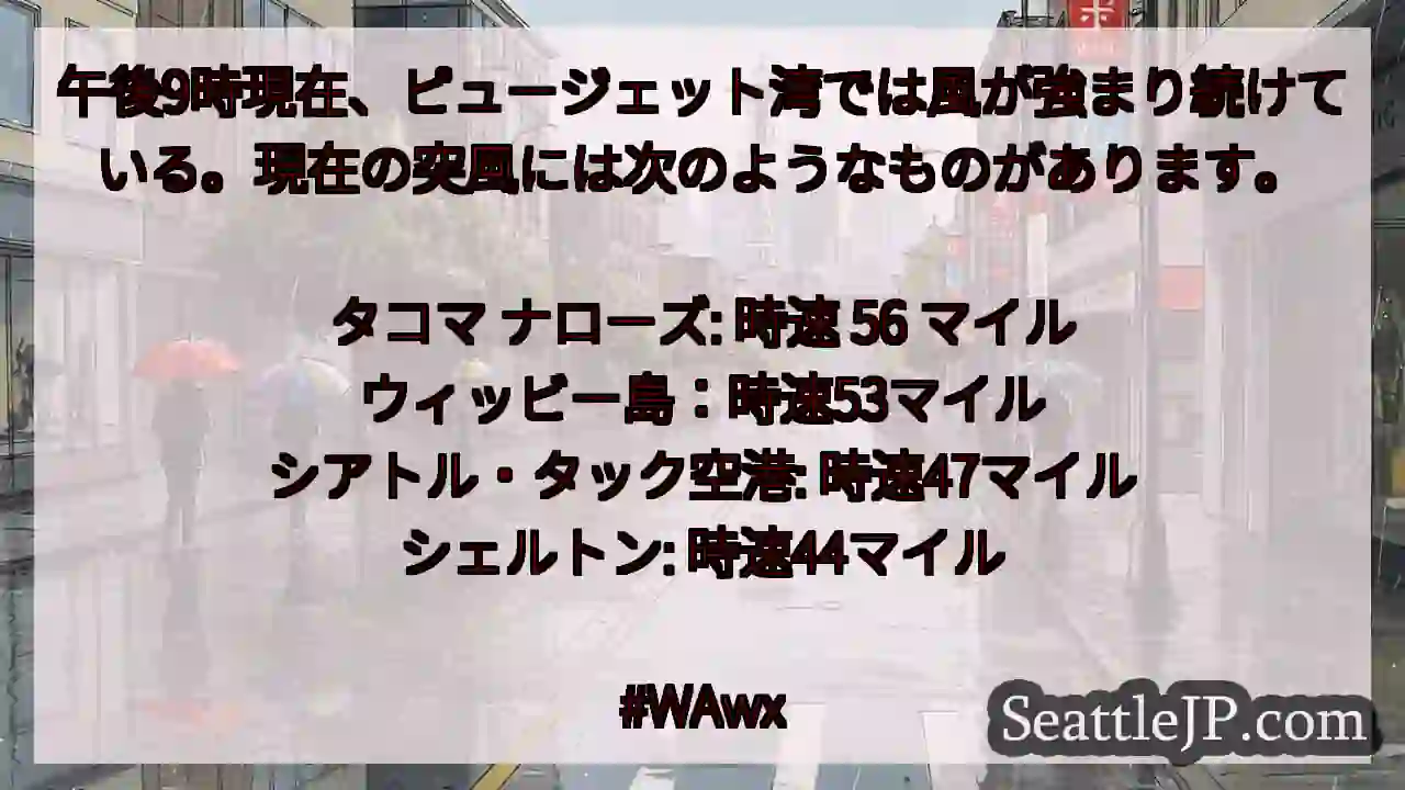 午後9時現在、ピュージェット湾では風が強まり続けている。現在の突風には次のようなものがあります。