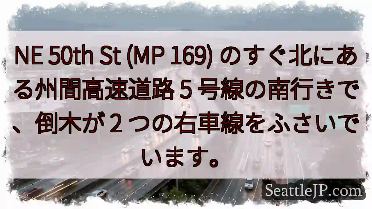 NE 50th St (MP 169) のすぐ北にある州間高速道路 5 号線の南行きで、倒木が 2