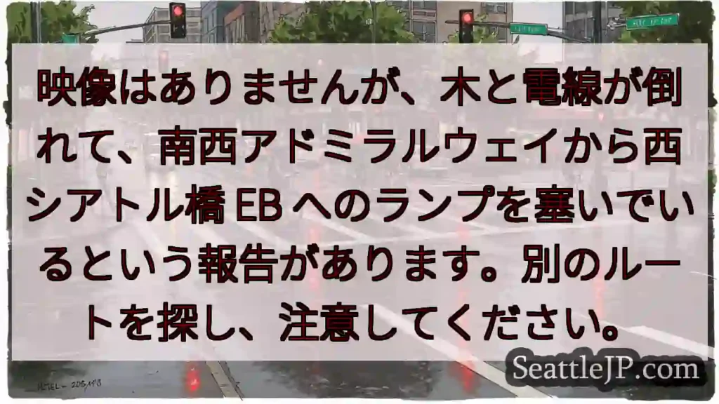 映像はありませんが、木と電線が倒れて、南西アドミラルウェイから西シアトル橋 EB