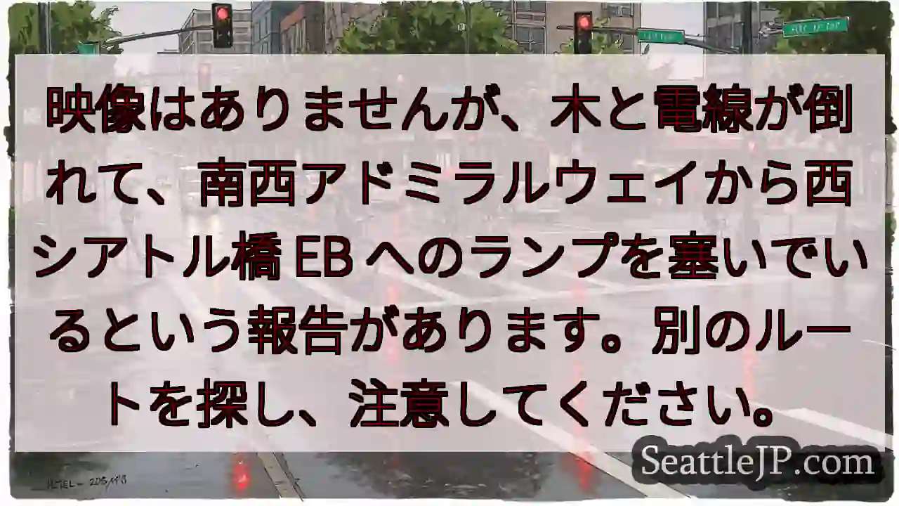 映像はありませんが、木と電線が倒れて、南西アドミラルウェイから西シアトル橋 EB