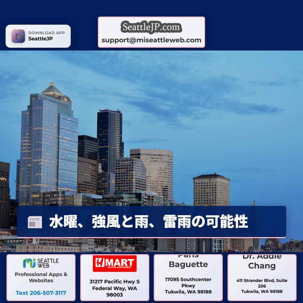水曜、強風と雨、雷雨の可能性