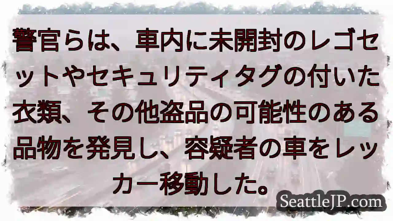 警官らは、車内に未開封のレゴセットやセキュリティタグの付いた衣類、その他盗品の可能性のある品物を発見