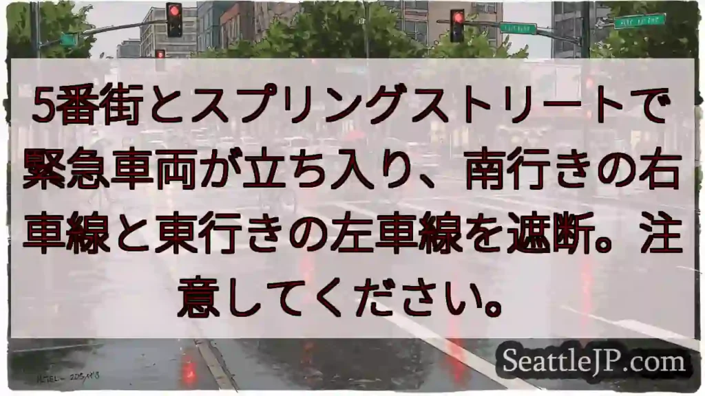 5番街とスプリングストリートで緊急車両が立ち入り、南行きの右車線と東行きの左車線を遮断。注意してくだ
