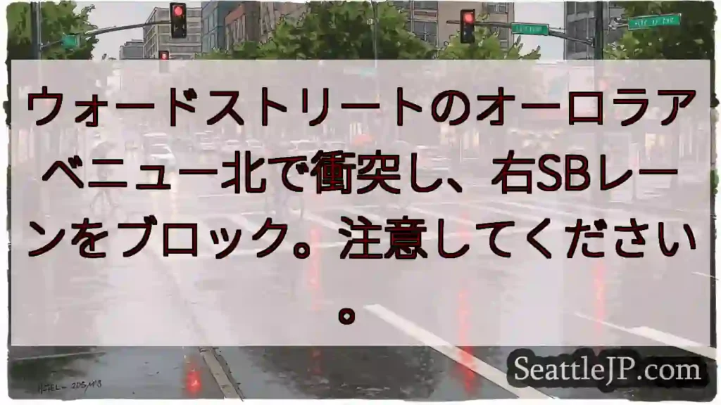 ウォードストリートのオーロラアベニュー北で衝突し、右SBレーンをブロック。注意してください。