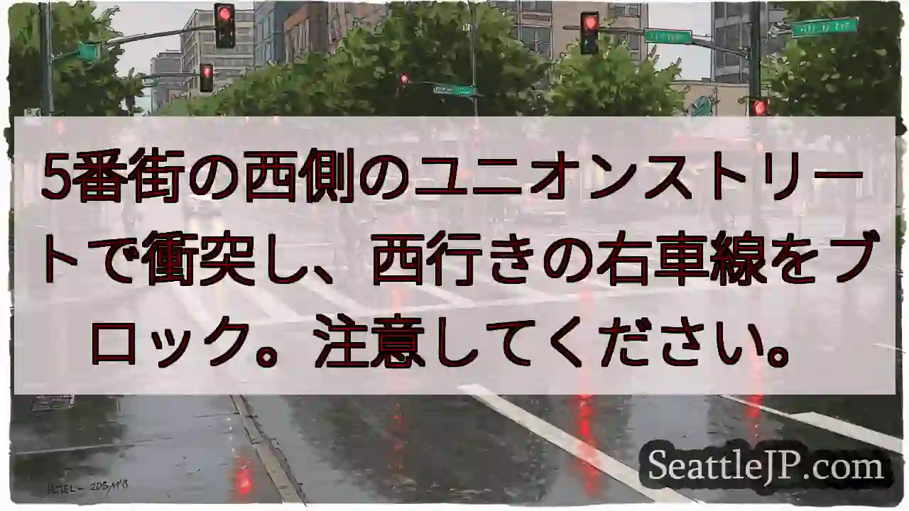 5番街の西側のユニオンストリートで衝突し、西行きの右車線をブロック。注意してください。