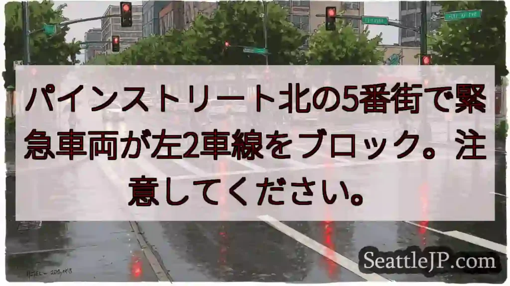 パインストリート北の5番街で緊急車両が左2車線をブロック。注意してください。