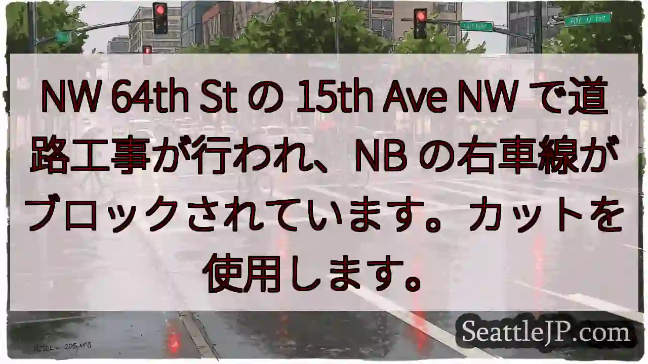 NW 64th St の 15th Ave NW で道路工事が行われ、NB