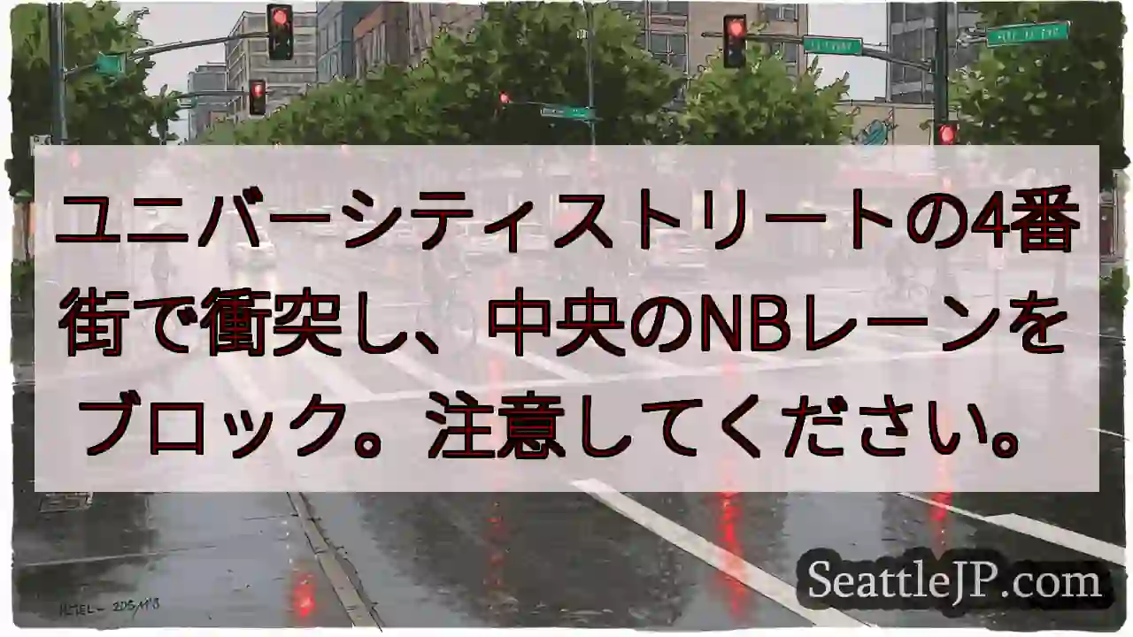 ユニバーシティストリートの4番街で衝突し、中央のNBレーンをブロック。注意してください。