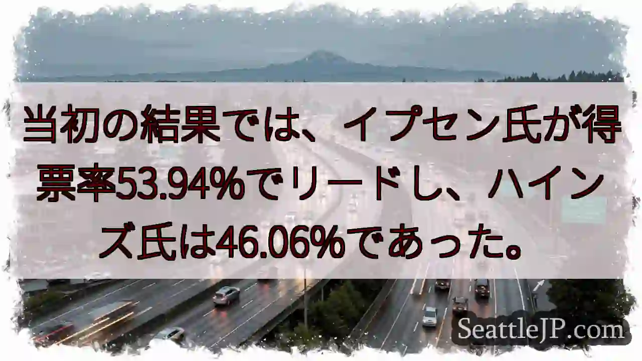 当初の結果では、イプセン氏が得票率53.94%でリードし、ハインズ氏は46.06%であった。