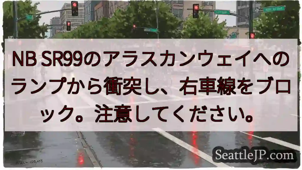 NB SR99のアラスカンウェイへのランプから衝突し、右車線をブロック。注意してください。
