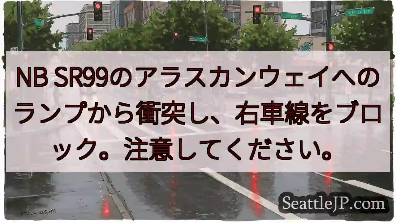 NB SR99のアラスカンウェイへのランプから衝突し、右車線をブロック。注意してください。