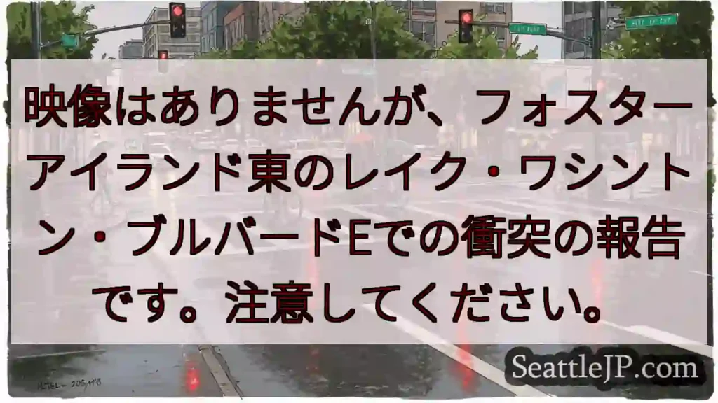 映像はありませんが、フォスターアイランド東のレイク・ワシントン・ブルバードEでの衝突の報告です。注意