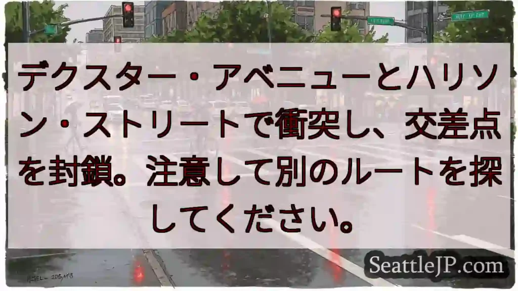 デクスター・アベニューとハリソン・ストリートで衝突し、交差点を封鎖。注意して別のルートを探してくださ